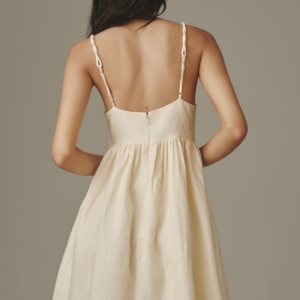 NWT Farm Rio Babydoll Palm Tree Mini Linen Cream Dress M - Picture 3 of 9
